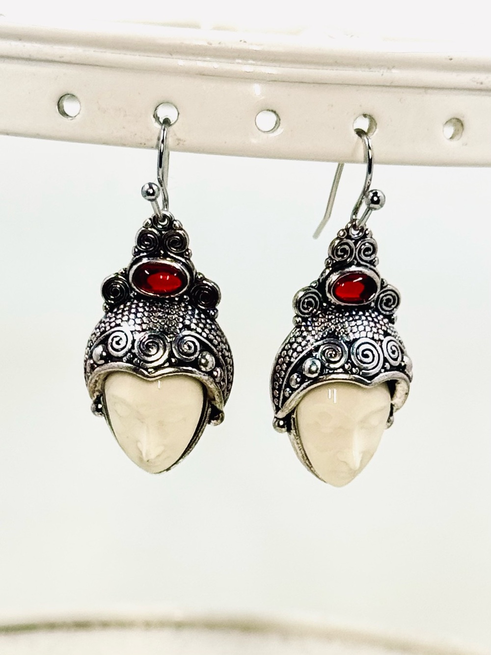 Silver-Tone & Garnet Drop Dangle Earrings with Carved Faces Bohemian Ethnic